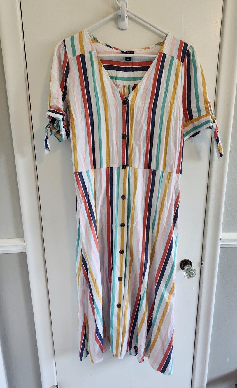 A.n.a Striped Multicolor Dress Size Large Button Down Rayon Cotton Linen